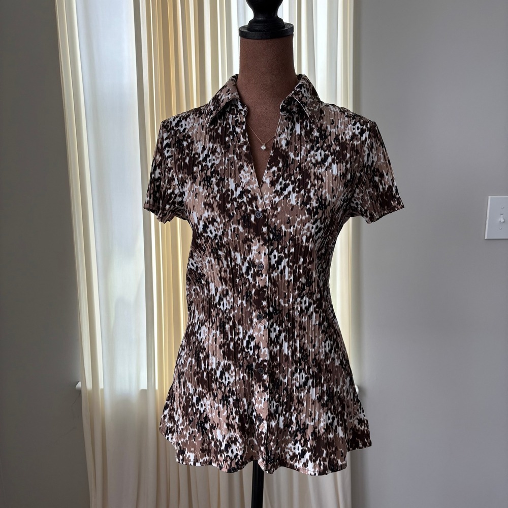 Y2K Accordion Blouse M Brown Abstract Print Plisse Pleated Office Siren 90s Boho